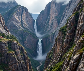 Góry, AI, Dom, Wodospad, Skaliste