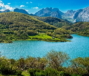 Jezioro Embalse, Picos de Europa, Góry, Drzewa, Hiszpania