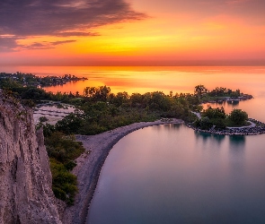 Toronto, Zachód słońca, Cathedral Bluffs Park, Kanada, Drzewa, Jezioro Ontario, Skały