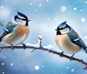 Grafika, Zima, Sikorki, Dwie, Gałązka, Śnieg