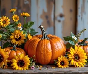 Grafika AI, Dynie, Słonecznik ozdobny, Kwiaty