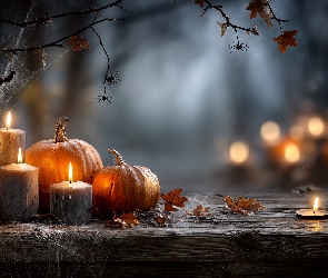 Dynie, Grafika AI, Halloween, Pajęczyny, Świece