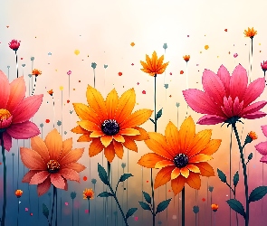 Czerwone, Grafika, Kwiaty, Pomarańczowe, Kolorowe