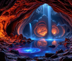 AI, Człowiek, Jaskinia, Skały, Przebijające światło, Woda