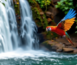 Ara, Rośliny, Wodospad, Lot, Papuga