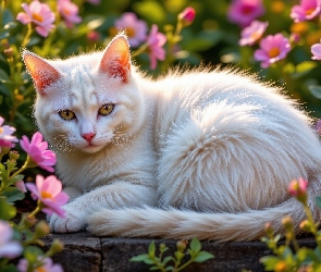 Biały, AI, Kwiaty, Puszysty, Kot