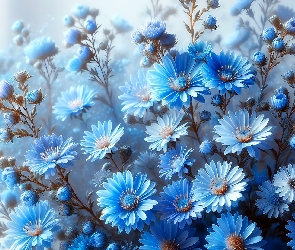 Grafika, Niebieskie, Rozwinięte, Kwiaty
