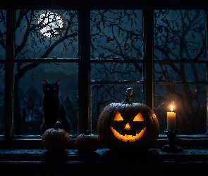 Kot, Świeca, Okno, Księżyc, Dynia, Halloween, Świecąca
