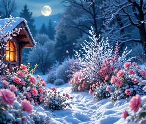 Dom, Drzewa, Grafika AI, Zima, Róże, Ogród, Księżyc, Kwiaty