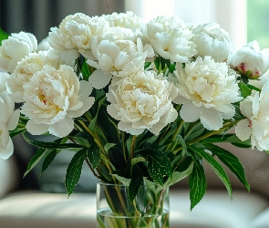 Kwiaty, Wazon Bukiet Kwiatów, Piwonie, Białe, Bukiet