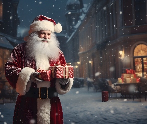 Mikołaj, Domy, Ulica, Prezenty, Zima