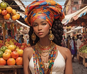 Dziewczyna, Rynek, Afrykańska, Turban, Jabłka, Biżuteria, Winogrona, Owoce