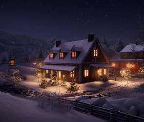 Domy, Noc, Ogrodzenie, Oświetlenie, Zima