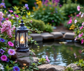 Lampion, Grafika AI, Ogród, Sadzawka, Kwiaty