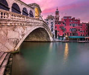 Kościół San Bartolomeo, Most Rialto, Wenecja, Włochy, Kanał Grande, Zachód słońca