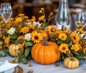 Grafika AI, Stół, Kwiaty, Dynie