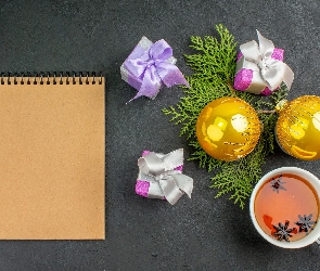 Herbaty, Gałązki, Filiżanka, Notatnik, Prezenty, Anyż, świąteczne, Bombki