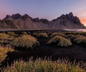 Góry, Czarny, Islandia, Plaża, Trawa, Góra Vestrahorn, Kępki, Piasek