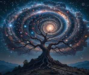 Noc, Drzewo, Galaktyka, Gwiazdy, Krajobraz