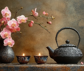 Czajnik, Świece, Storczyki, Kompozycja, Dzbanek, Kwiaty, Różowe