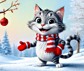 Drzewa, Zima, Kot, Bombka, Rękawice, Grafika, Szalik