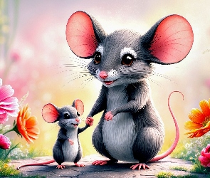 Dwie, Kwiaty, Kolorowe, Myszki, Grafika
