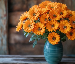 Wazon, Niebieski, Pomarańczowe, Kwiaty