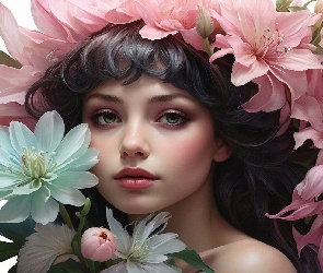 Różowe, Kwiaty, Dziewczyna, Szatynka