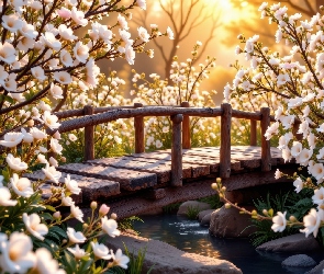 AI, Promienie słońca, Drewniany, Mostek, Kwiaty, Białe