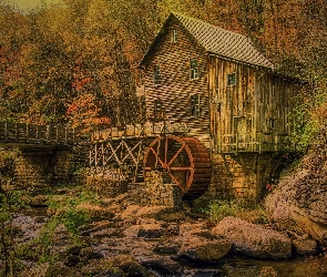 Jesień, Wirginia Zachodnia, Skały, Stany Zjednoczone, Park Babcock State, Drzewa, Młyn, Glade Creek Grist Mill, Las