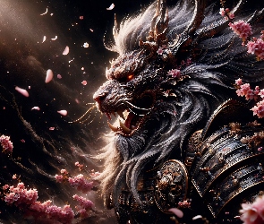 Różowe, Zbroja, Groźny, Kwiaty, Kły, Fantasy, Lew