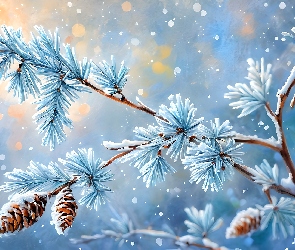 Grafika, Szyszki, Gałąź, Świerk