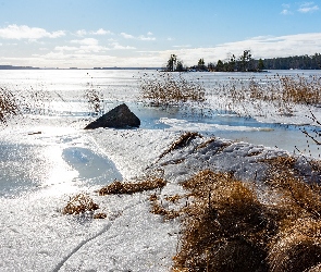 Śnieg, Trawa, Zima, Jezioro