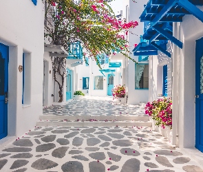 Drzwi, Niebieskie, Santorini, Uliczka, Domy, Grecja, Białe