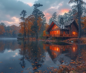 Jezioro, Drzewa, Las, Światła, Zmrok, Dom, Jesień, Liście