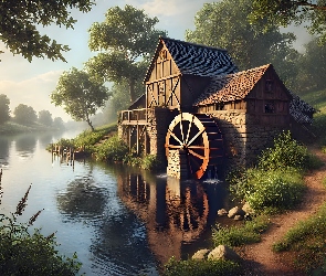 Grafika, Drzewa, Rzeka, Młyn wodny