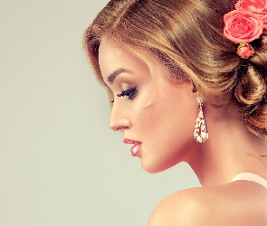 Profil, Róże, Kobieta, Kolczyk, Włosy, Blondynka, Upięte