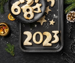 Nowy Rok, Gałązki, Ciasteczka, Szyszka, Foremki, Talerz, Cyfry, 2023, Blaszka