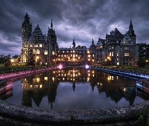 Zmierzch, Fontanna, Opolskie, Światła, Pałac, Polska, Moszna