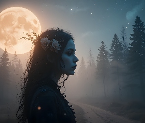 Grafika AI, Dziewczyna, Drzewa, Księżyc