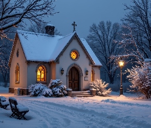 Droga, Drzewa, Ławki, Krzewy, Kościół, Noc, Oświetlenie, Latarnia, Zima, Ośnieżone