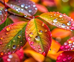 Kolorowe, Grafika AI, Krople, Liście, Mokre