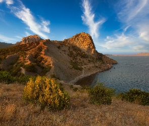 Wzgórza, Morze, Niebo, Wybrzeże, Skały