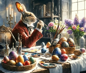 Wielkanoc, Farby, Stół, Pędzle, Surdut, Czerwony, Jaja, Pisanki, Zając, Kwiaty