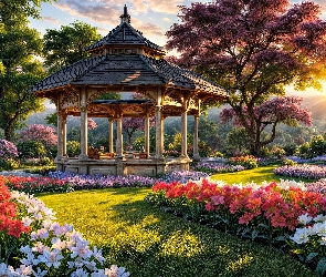 Grafika, Zachód słońca, Kwiaty, Ogród, Altana, Drzewa