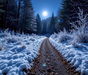 AI, Oszronione, Księżyc, Rośliny, Las, Zima, Śnieg, Drzewa, Noc, Droga