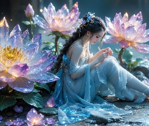 Dziewczyna, Kwiaty, Grafika