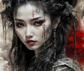 Dziewczyna, Grafika, Akwarela, Azjatka, Kobieta