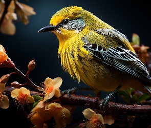 Kwiaty, Gałązka, Żółto-szary, Ptak