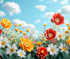 Kolorowe, Grafika, Niebo, Łąka, Kwiaty